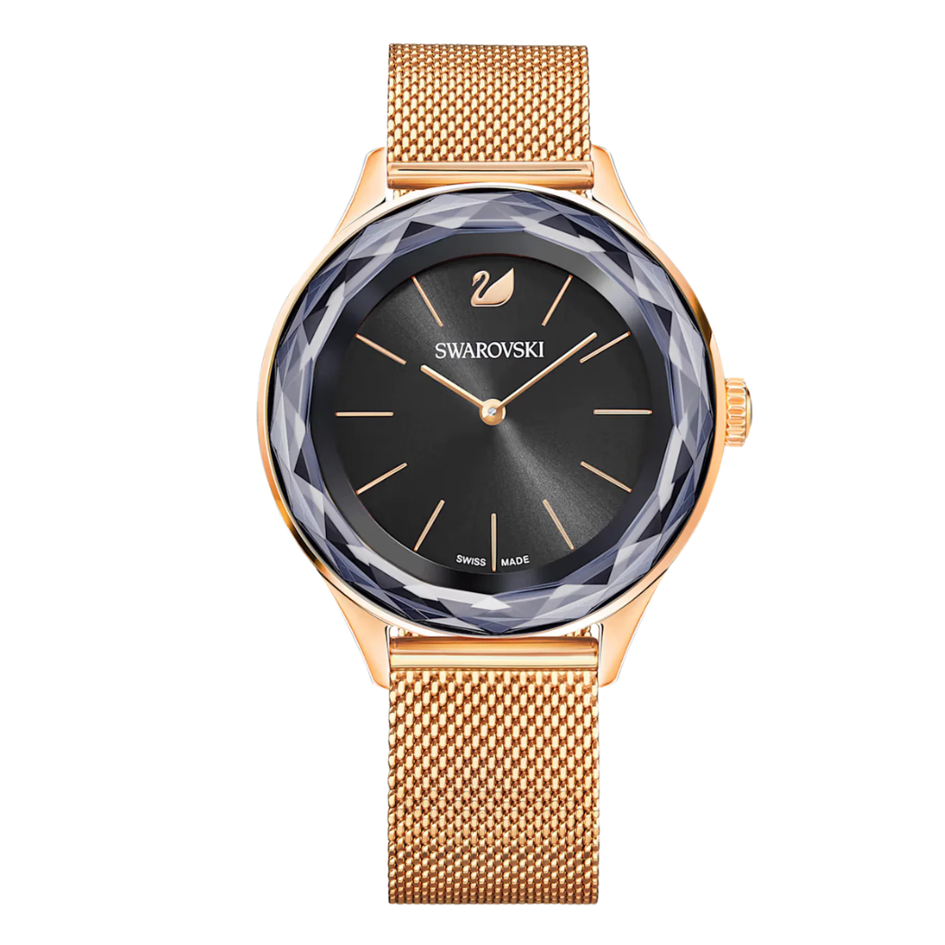 Swarovski Rose Gold Mesh Bracelet Black Dial Quartz Watch for Ladies - Swarovski 5430424