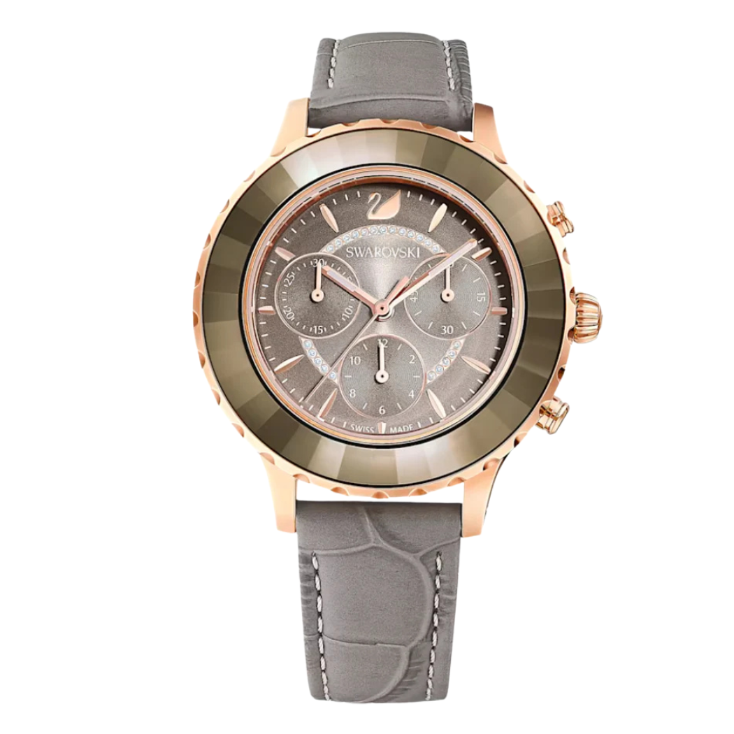 Swarovski Grey Leather Strap Grey Dial Chronograph Quartz Watch for Ladies - Swarovski 5452495
