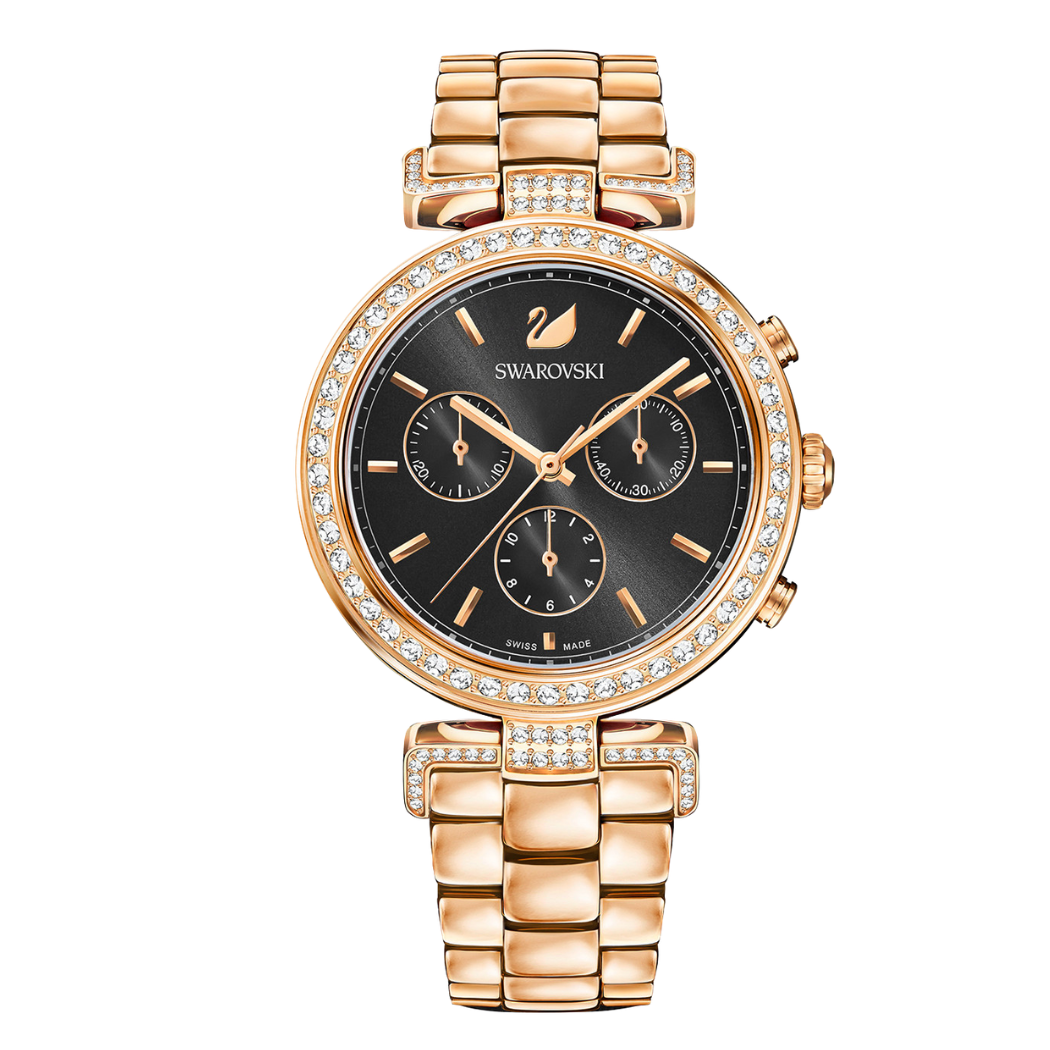Swarovski Rose Gold Stainless Steel Black Dial Chronograph Quartz Watch for Ladies - Swarovski 5295366