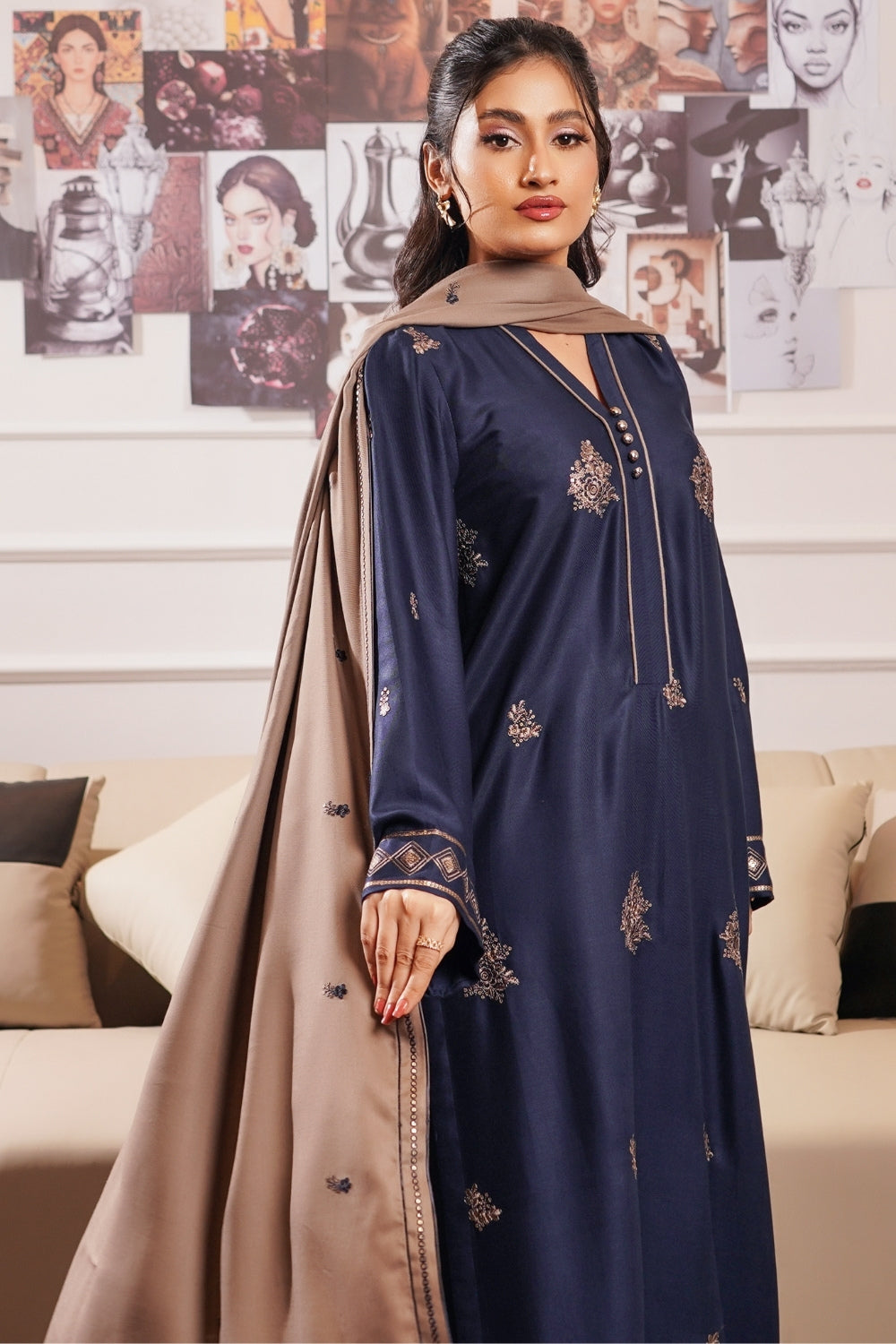 Modern Modesty By G Basics Gulmina Stitched 3 Piece Winter Suit-MIDNIGHT (3PC)