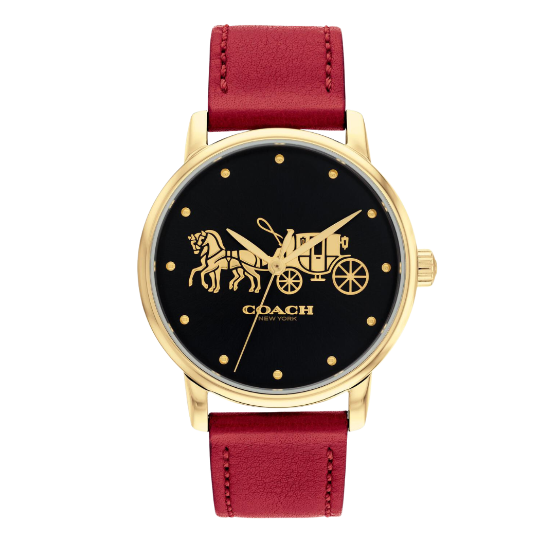 Coach Grand Red Leather Strap Black Dial Quartz Watch for Ladies - 14503848