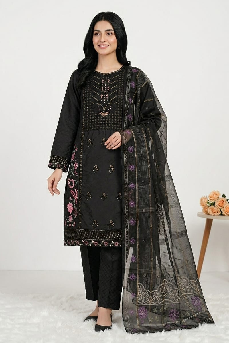 Amna Ali Nawaz Stitched 3 Pc Embroidered Suit - 8020 - (Cotton Silk With Monarch Dupatta)