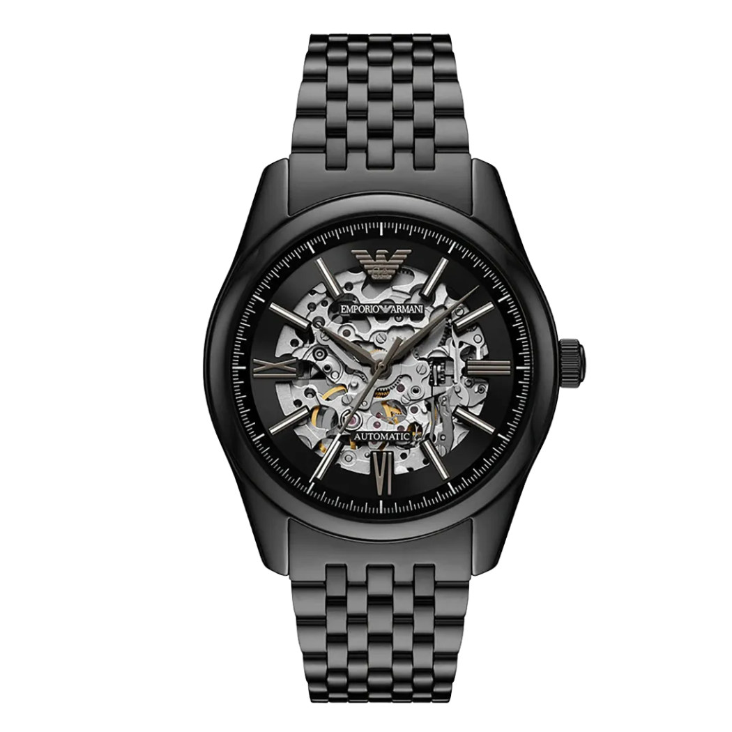 Emporio Armani Skeleton Black Stainless Steel Black Dial Automatic Watch for Gents - Emporio Armani AR-60093