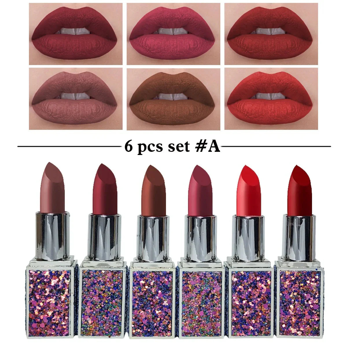 Heng Fang Diamond Glitter Matte Finish Casing Lipstick 6pcs Set A