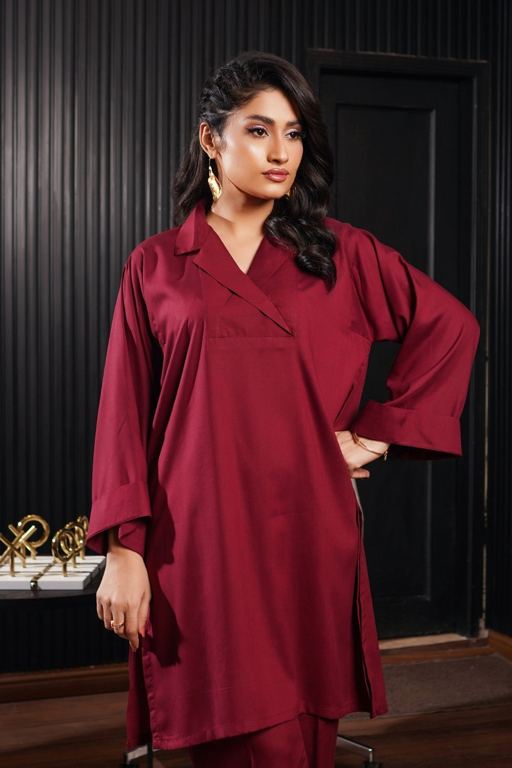 Solids By G Basics Gulmina Stitched 2 Piece Premium Linen Suit-Crimson (2PC)