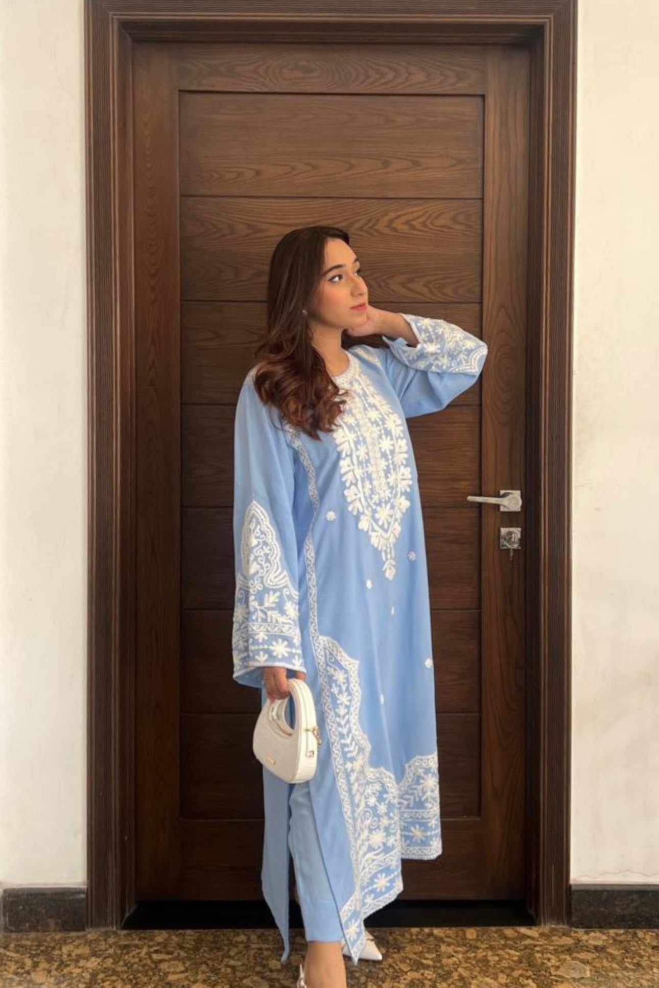 Manahils Stitched Ice Blue Embroidered Two Pc