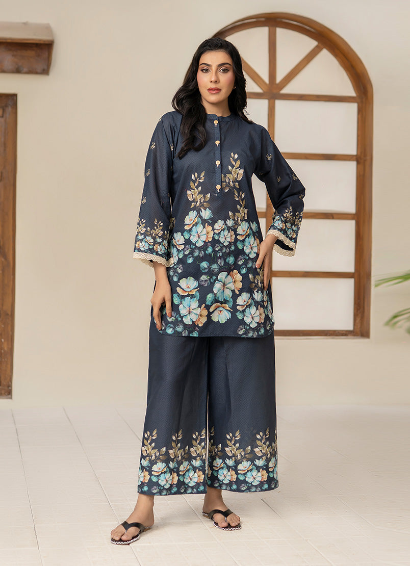 Ahlam By Safa Textile Stitched Co-Ords Lawn Suit-Royal Blue Elegant Tunic