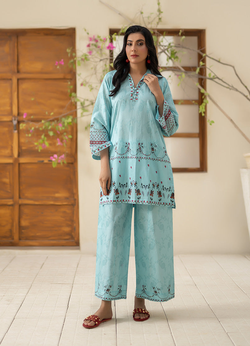 Ahlam By Safa Textile Stitched Co-Ords Lawn Suit-Ice Blue Luxury