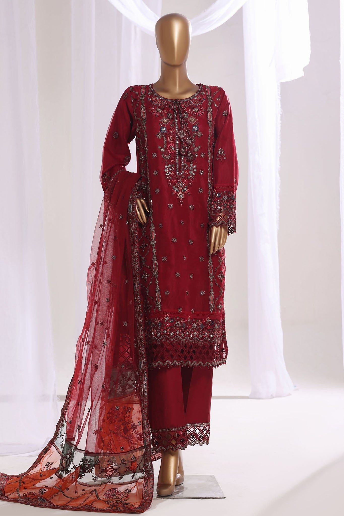 Mahpara By Sada Bahar Stitched 3 Piece Festive Formals Vol-20 Suit-AQ-25-Red