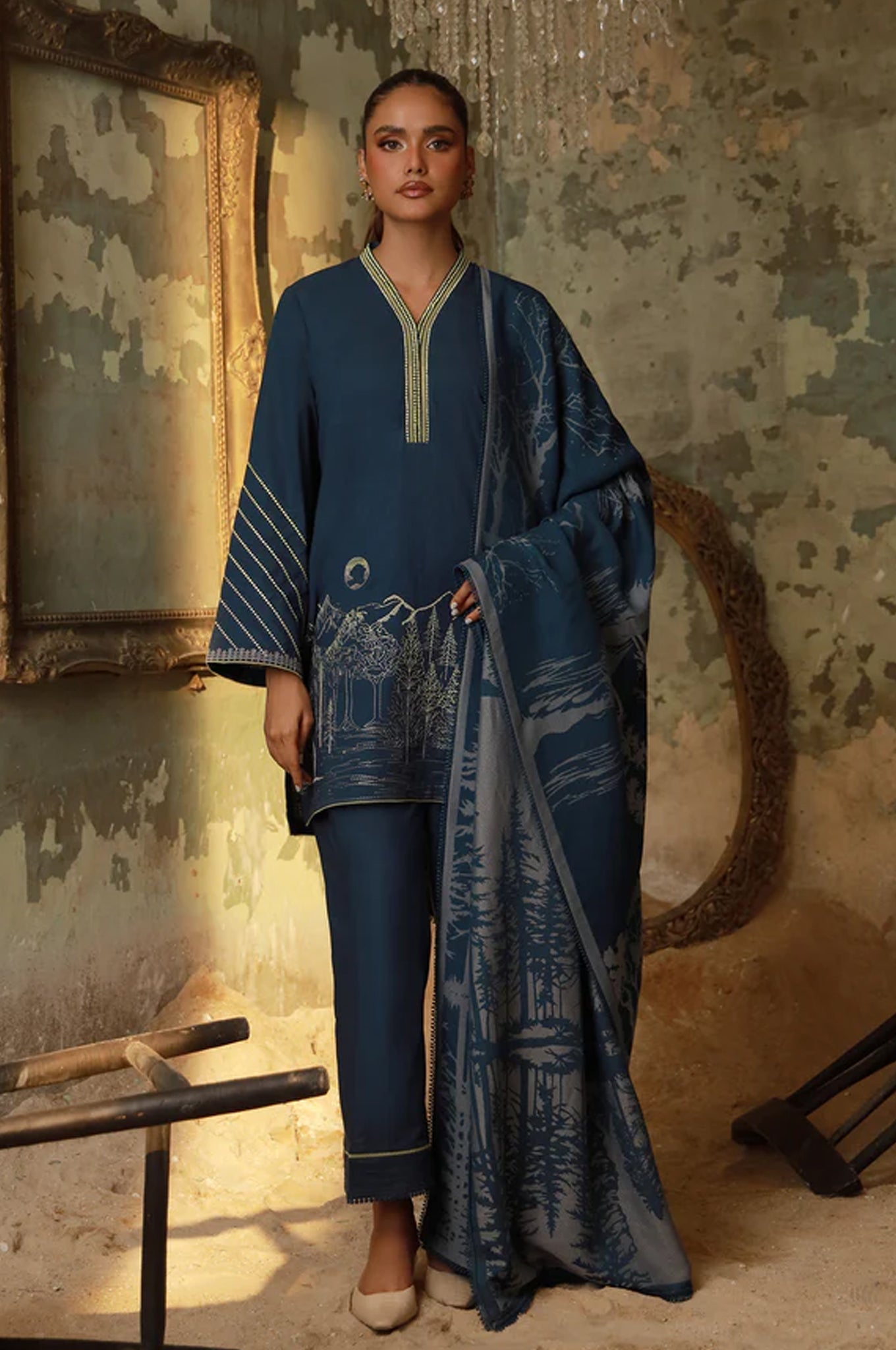 Sahar Unstitched 3 Piece Emb Cotton Viscose Fall Suit-AW1-25-11-UNS