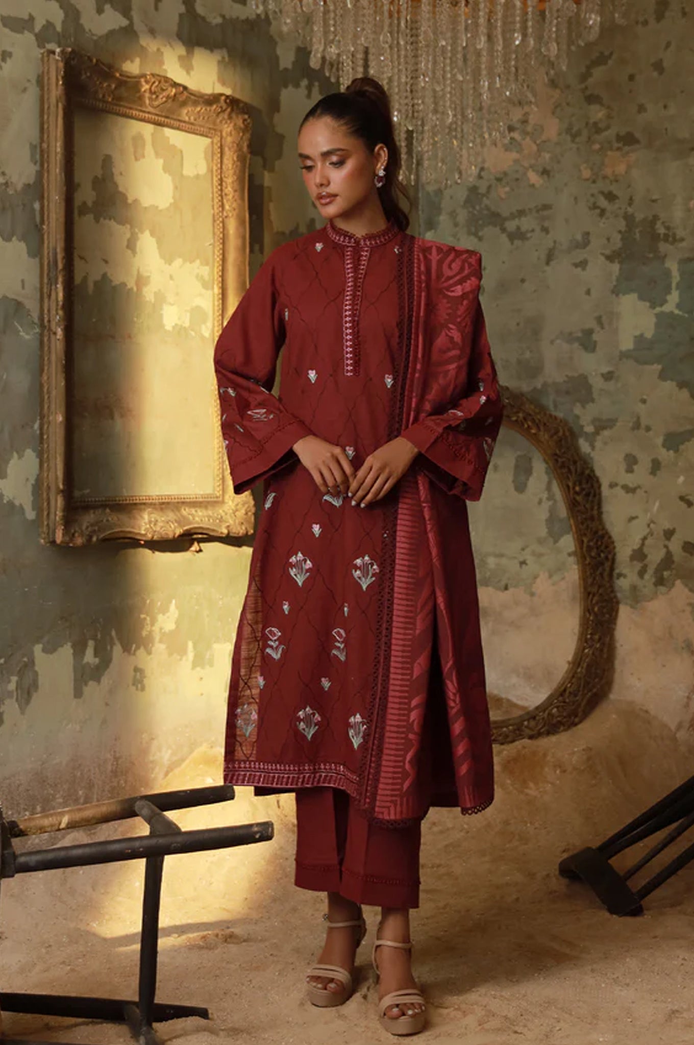 Sahar Unstitched 3 Piece Emb Cotton Viscose Fall Suit-AW1-25-14-UNS