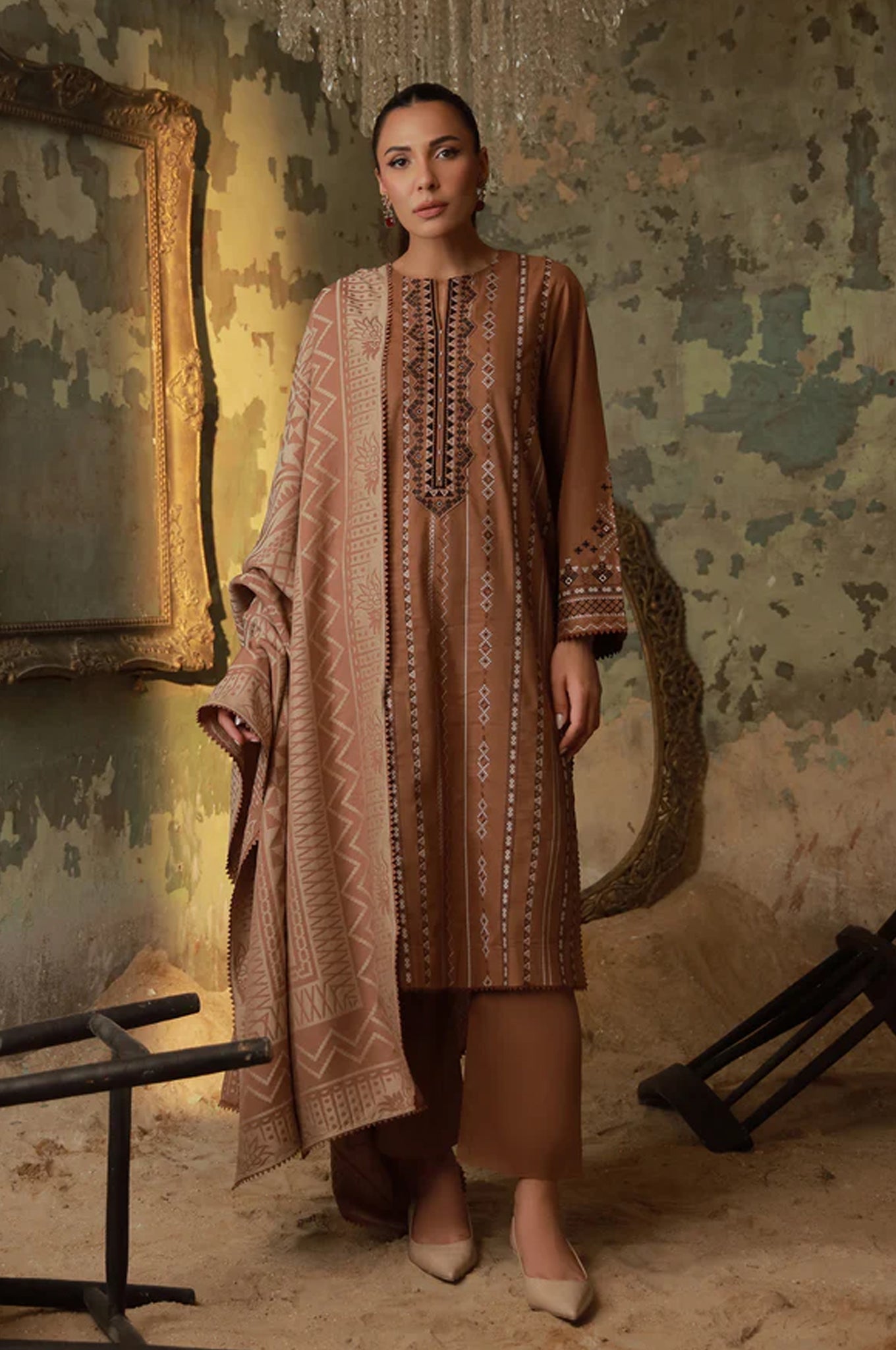 Sahar Unstitched 3 Piece Emb Cotton Viscose Fall Suit-AW1-25-15-UNS