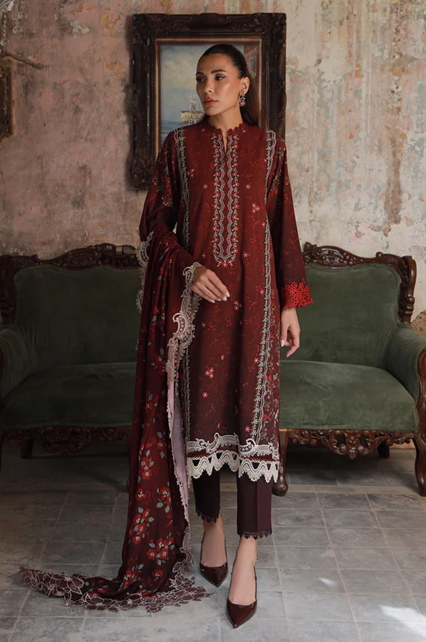Sahar Unstitched 3 Piece Emb Cotton Viscose Fall Suit-AW1-25-16-UNS