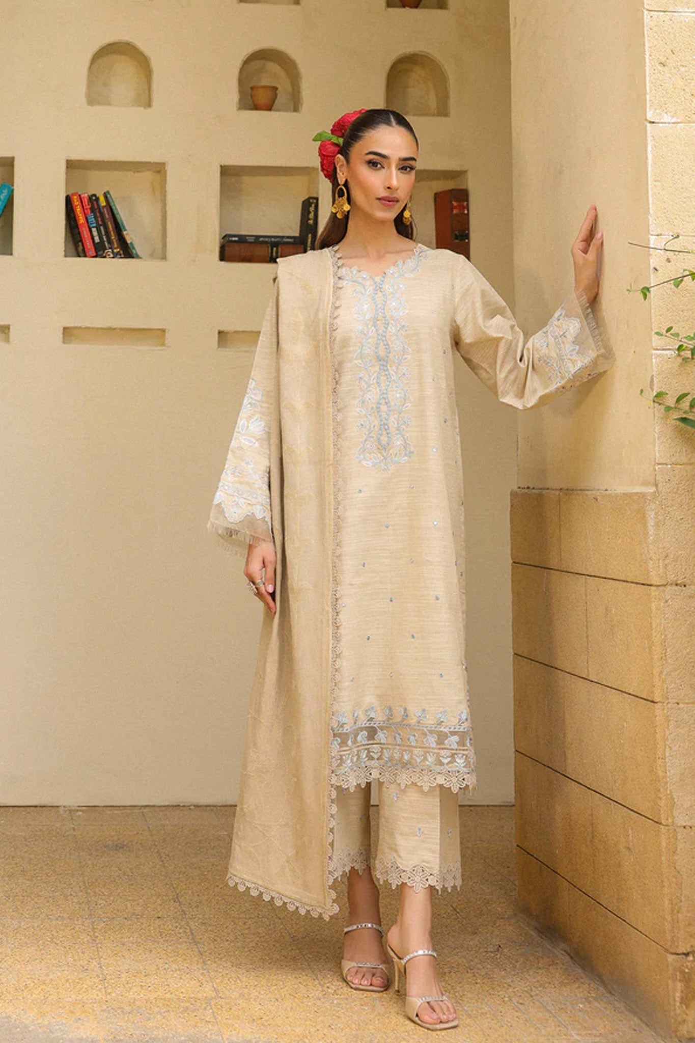 Sahar Unstitched 3 Piece Emb Khaddar Winter Suit-AW2-25-01-Opal White
