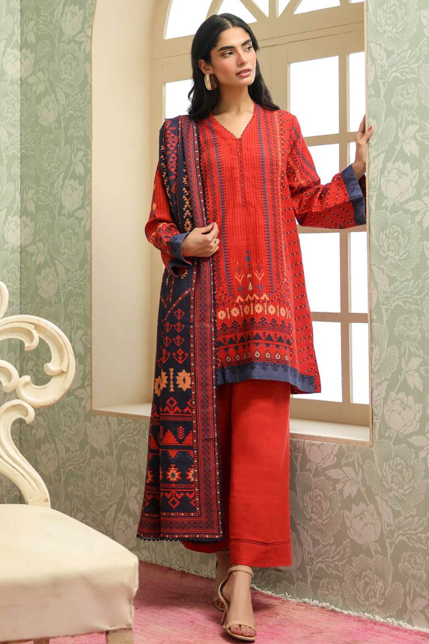 Sahar Unstitched 3 Piece Printed Khaddar Suit-AW2-25-15-Aztec Flame