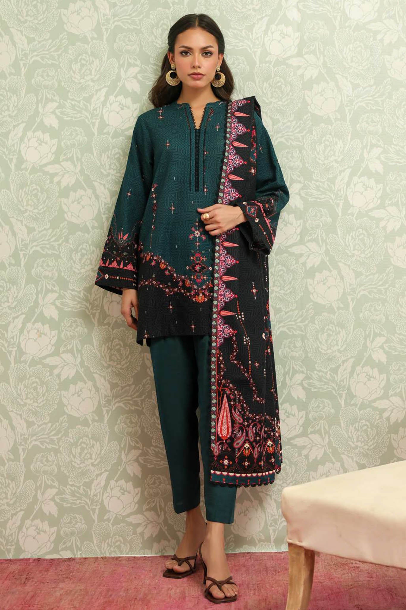 Sahar Unstitched 3 Piece Printed Khaddar Suit-AW2-25-23-Obsidian Green