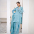 Zauk Stitched 3 Piece Collection-Cyan - Farshi Shalwar Set