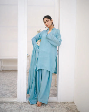 Zauk Stitched 3 Piece Collection-Cyan - Farshi Shalwar Set