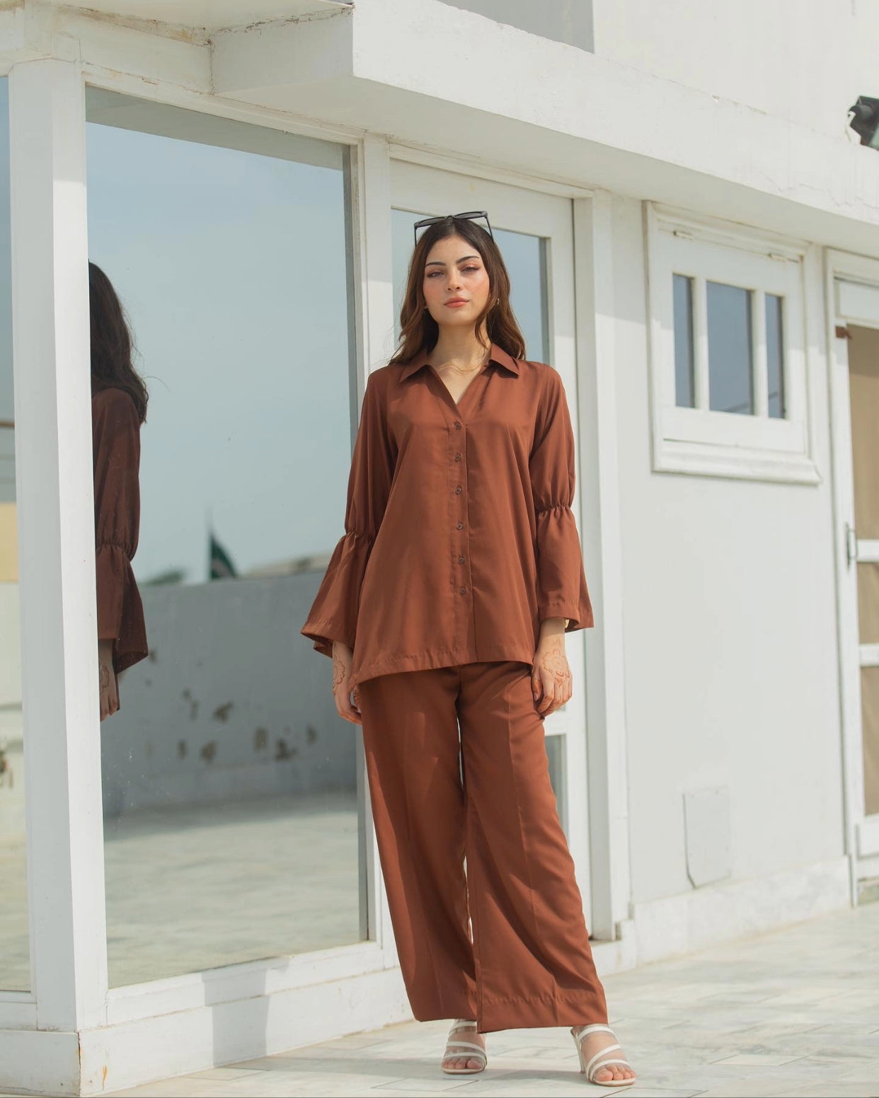 Zauk Stitched 2 Piece Collection-Brown Two Piece Dress