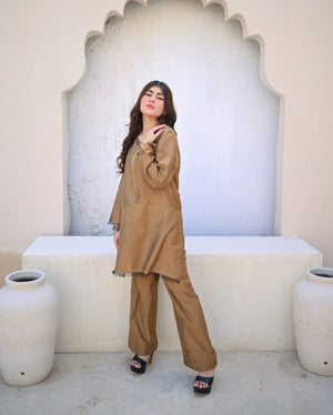 Zauk Stitched 2 Piece Collection-Golden Two Piece Dress