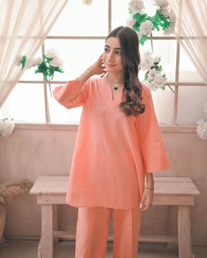 Zauk Stitched 2 Piece Collection-Peach Two Piece Dress