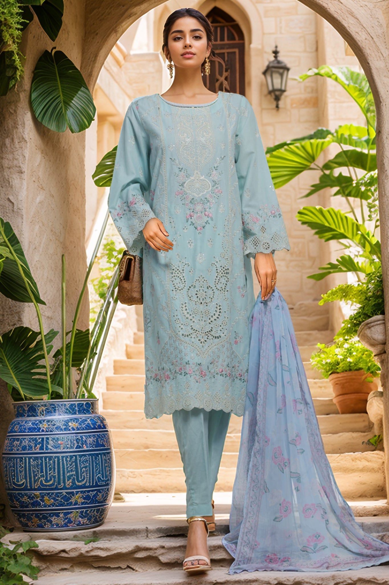 Bin Saeed Stitched 3 Piece Luxury Plain Cotton With Chiffon Dupatta Collection'2025-SMPC-2069-Sky Blue