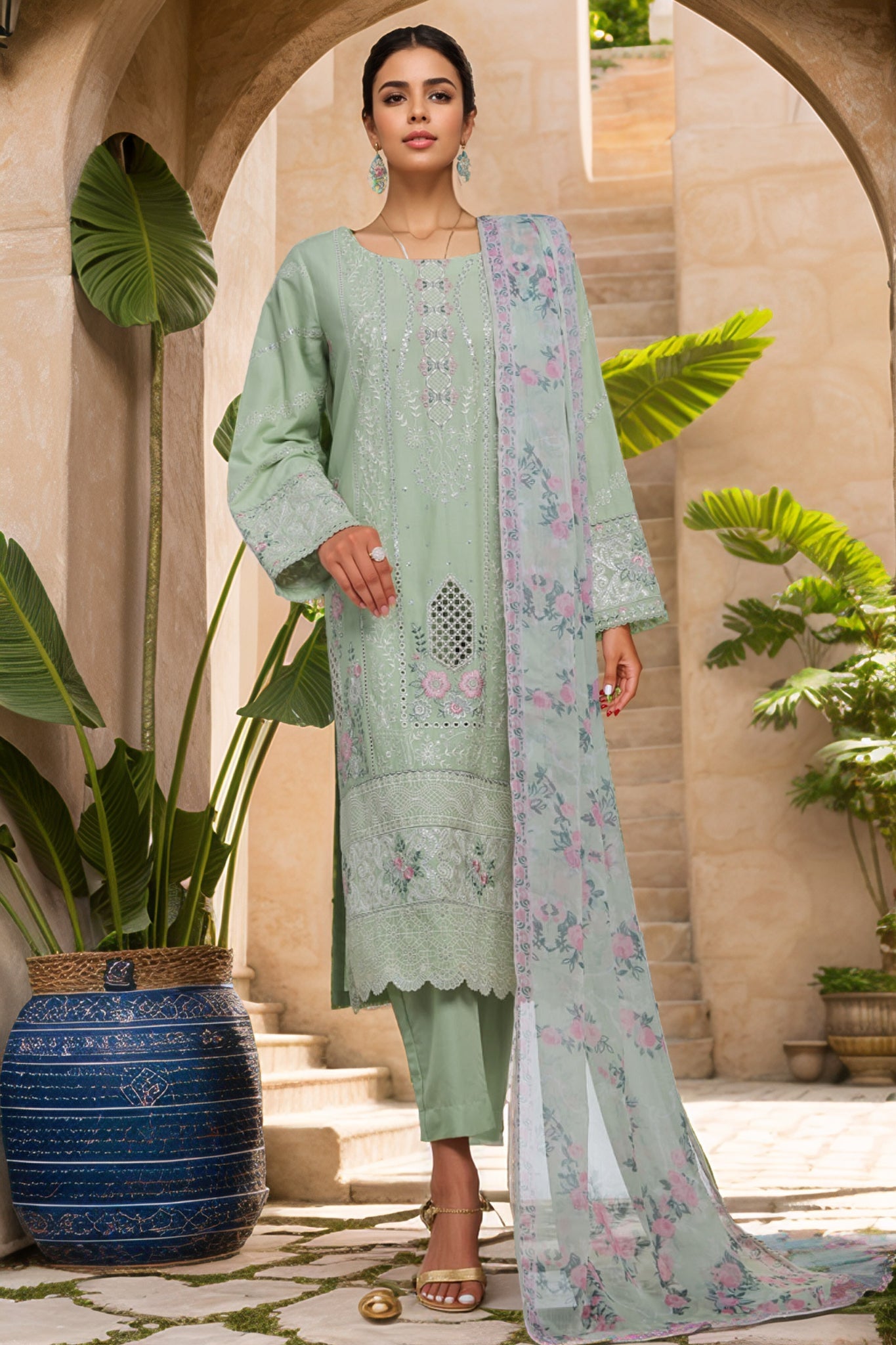 Bin Saeed Stitched 3 Piece Luxury Plain Cotton With Chiffon Dupatta Collection'2025-SMPC-2072-Pista