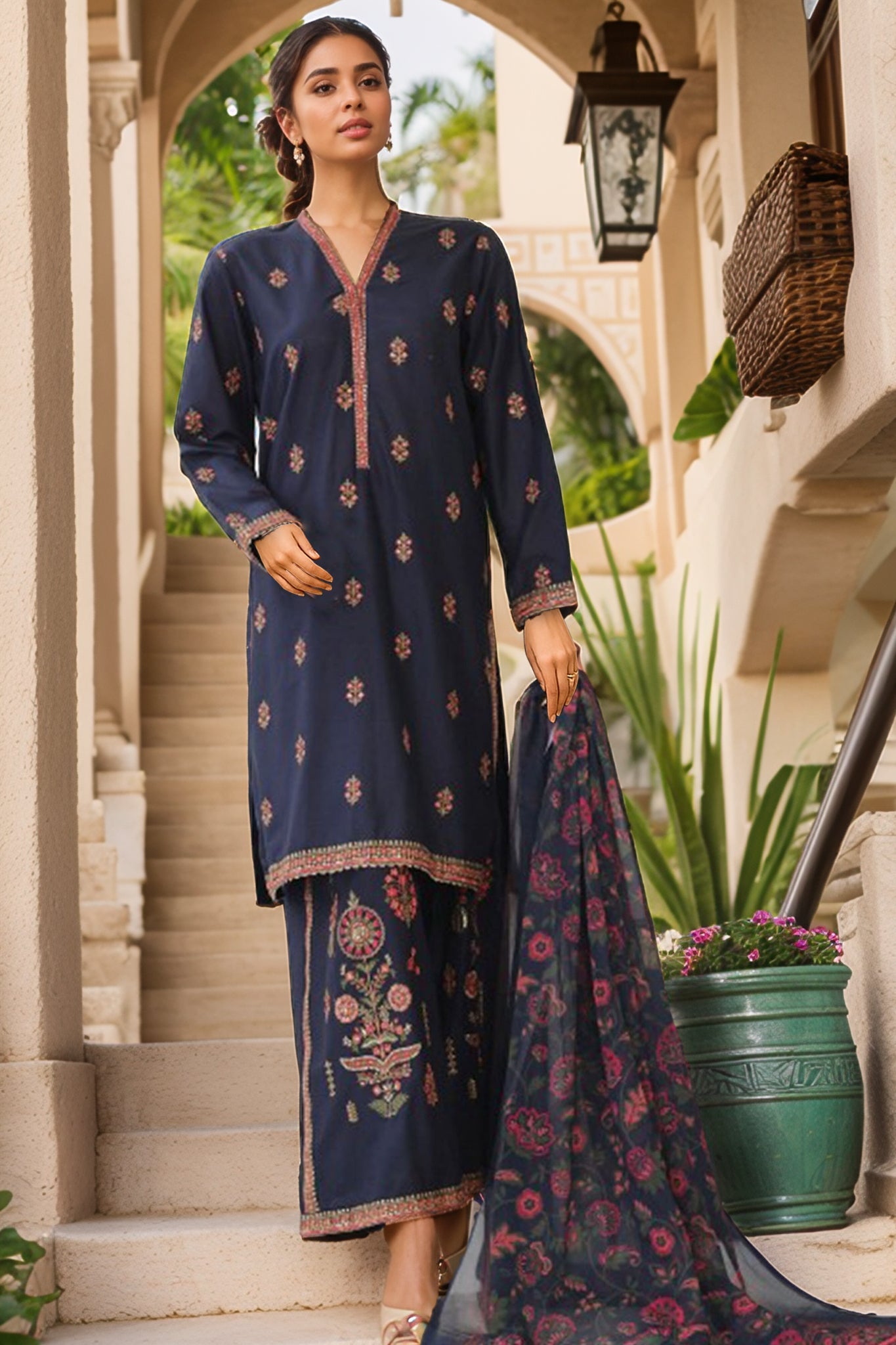 Bin Saeed Stitched 3 Piece Luxury Plain Cotton With Chiffon Dupatta Collection'2025-SMPC-1828-Navy Blue