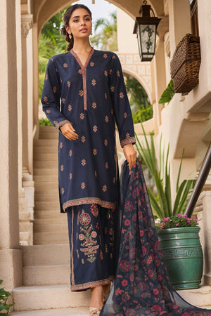 Bin Saeed Stitched 3 Piece Luxury Plain Cotton With Chiffon Dupatta Collection'2025-SMPC-1828-Navy Blue