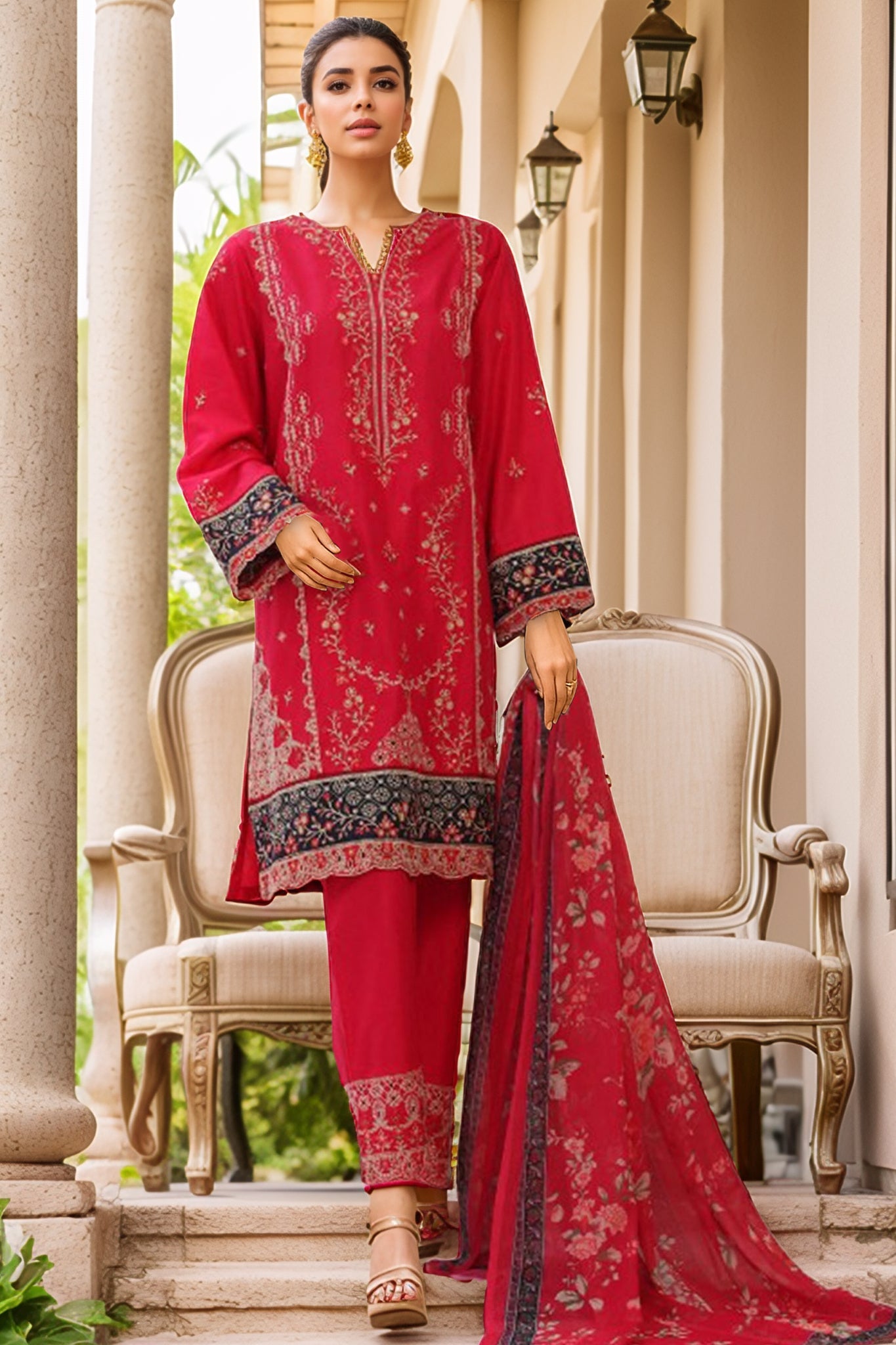 Bin Saeed Stitched 3 Piece Luxury Plain Cotton With Chiffon Dupatta Collection'2025-SMPC-1826-Red