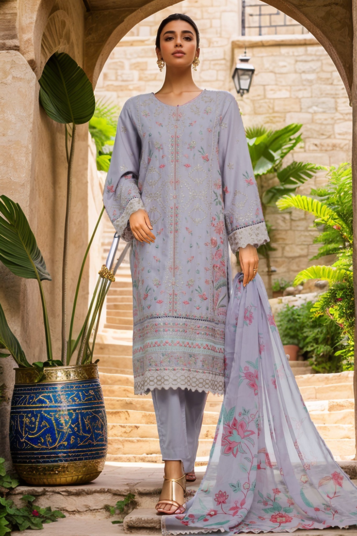 Bin Saeed Stitched 3 Piece Luxury Plain Cotton With Chiffon Dupatta Collection'2025-SMPC-2071-Lilac