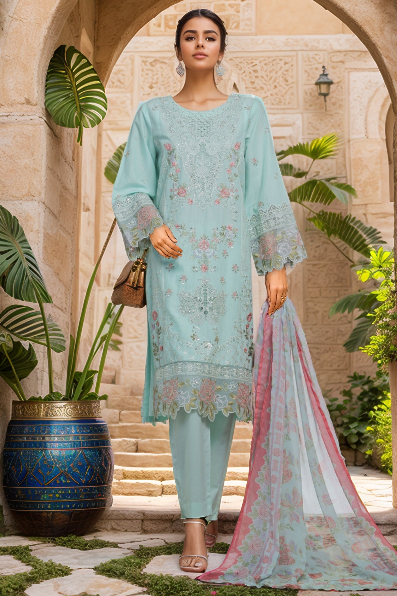 Bin Saeed Stitched 3 Piece Luxury Plain Cotton With Chiffon Dupatta Collection'2025-SMPC-2070-Sky Blue