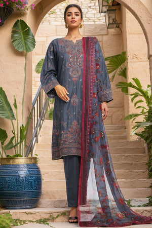 Bin Saeed Stitched 3 Piece Luxury Plain Cotton With Chiffon Dupatta Collection'2025-SMPC-2076-Grey