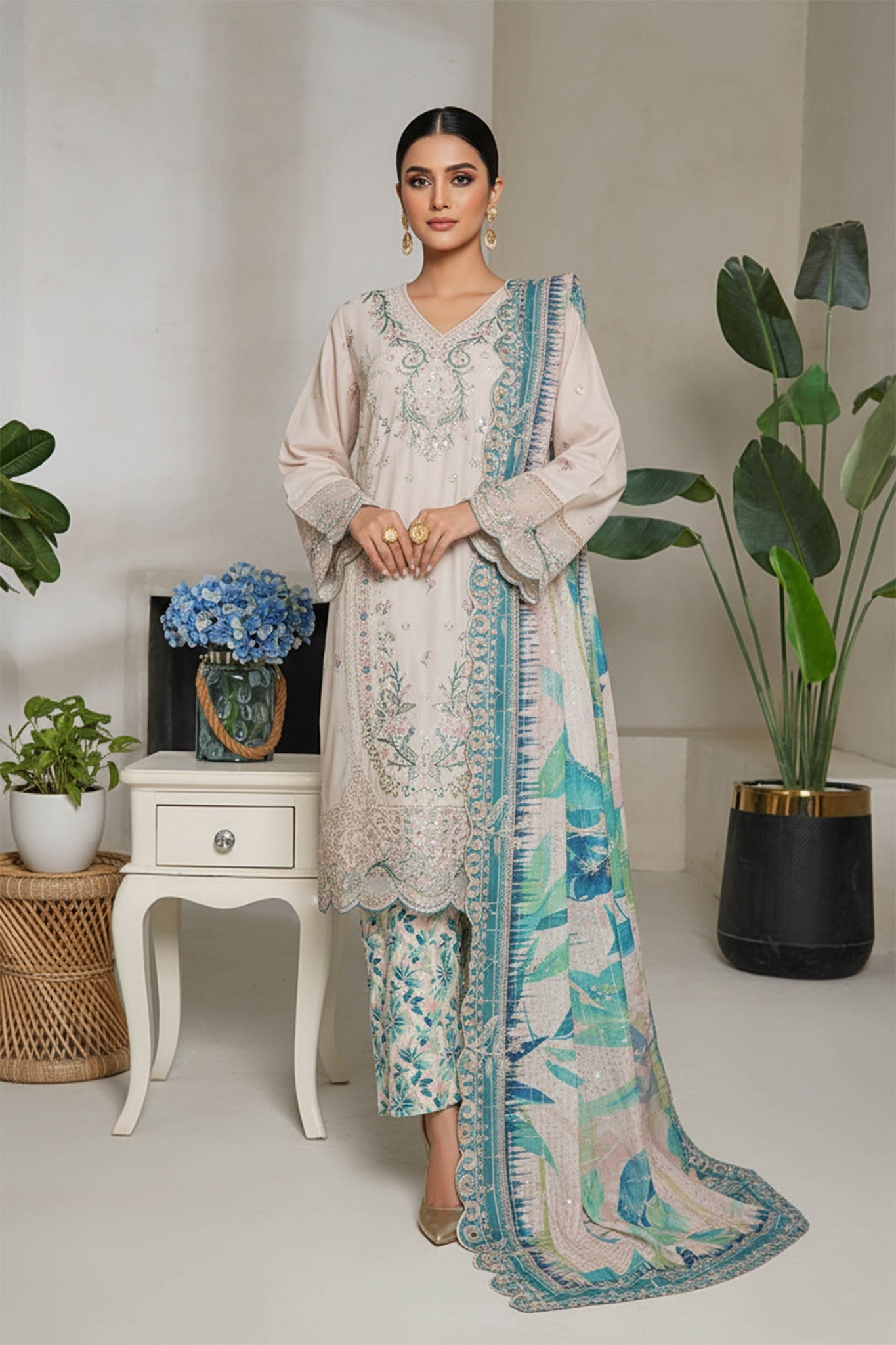Bin Saeed Stitched 3 Piece Luxury Plain Cotton With Emb Printed Back Collection'2025-NSM-2479-Off White
