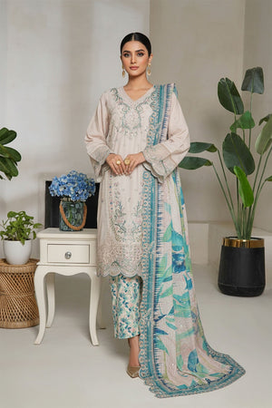 Bin Saeed Stitched 3 Piece Luxury Plain Cotton With Emb Printed Back Collection'2025-NSM-2479-Off White