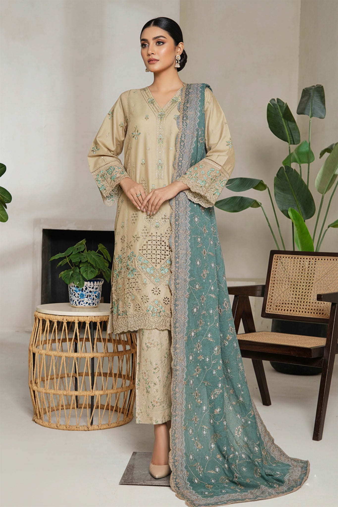 Bin Saeed Stitched 3 Piece Luxury Plain Cotton With Emb Printed Back Collection'2025-NSM-2477-Skin