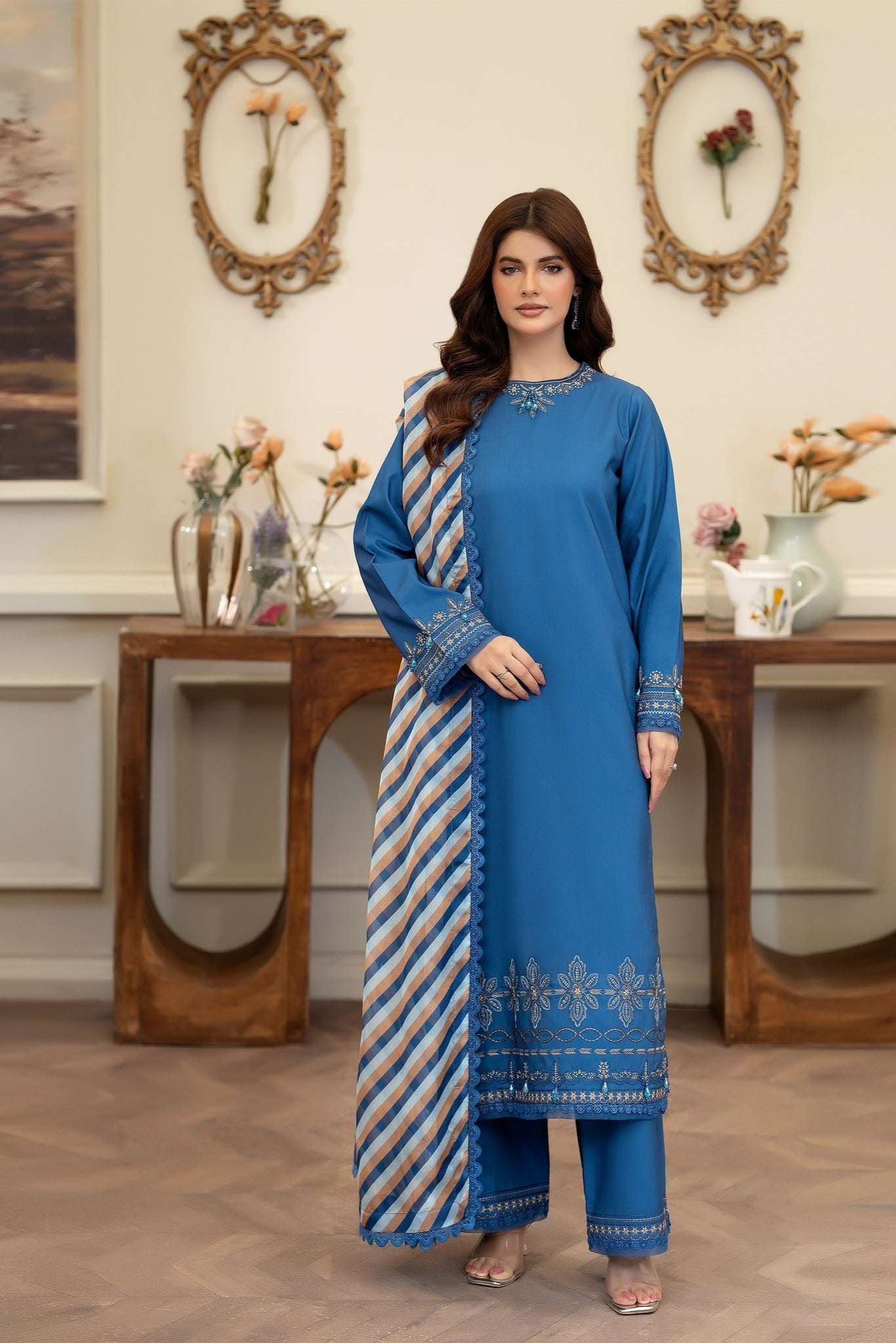 Summer Scent By Nine Needles Stitched 3 Piece Summer Collection'2025-Blue Orchid-NP-08