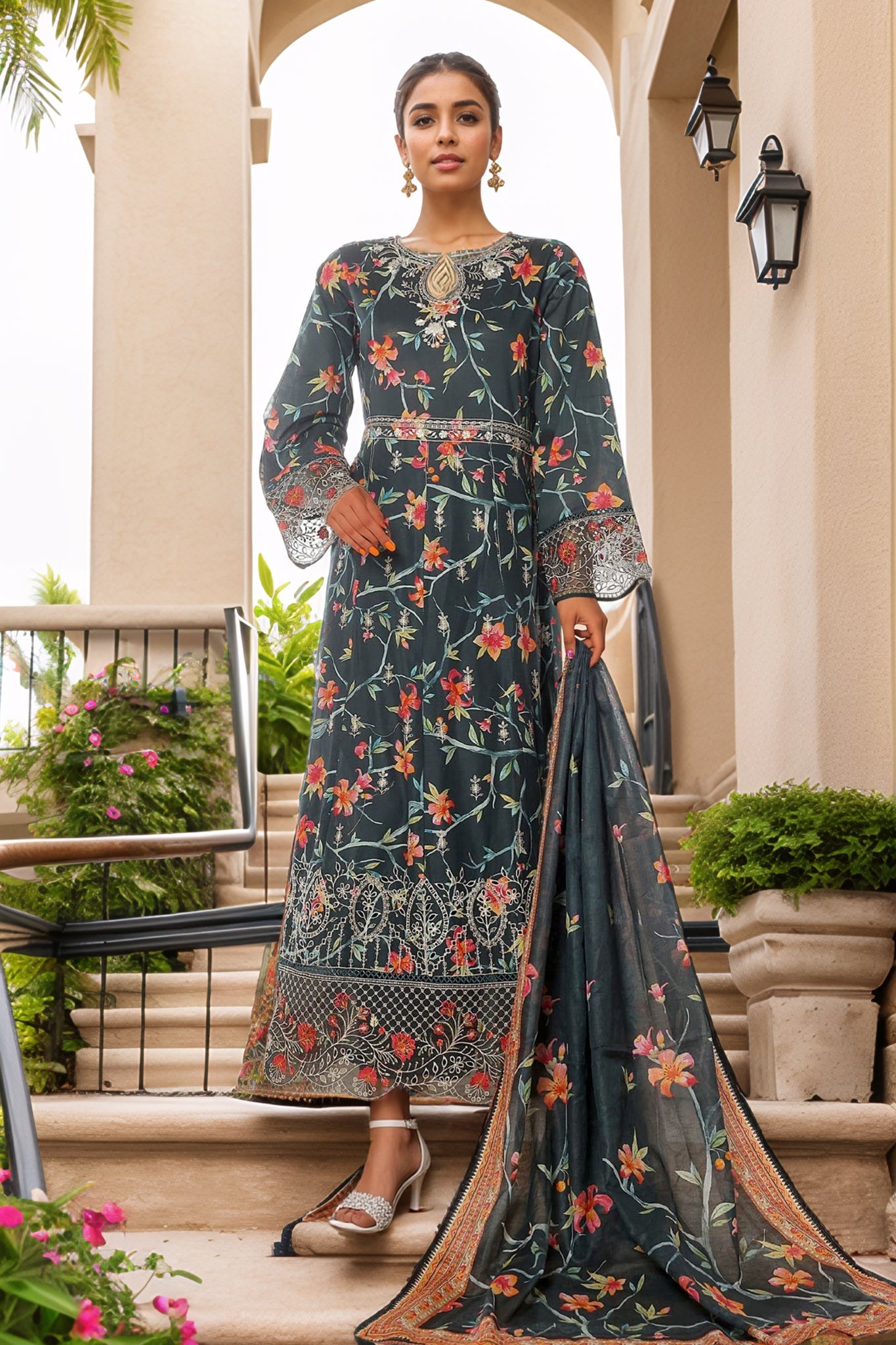 Bin Saeed Stitched 3 Piece Emb Lawn Frock Vol-02 Collection-SM-1628-Blue