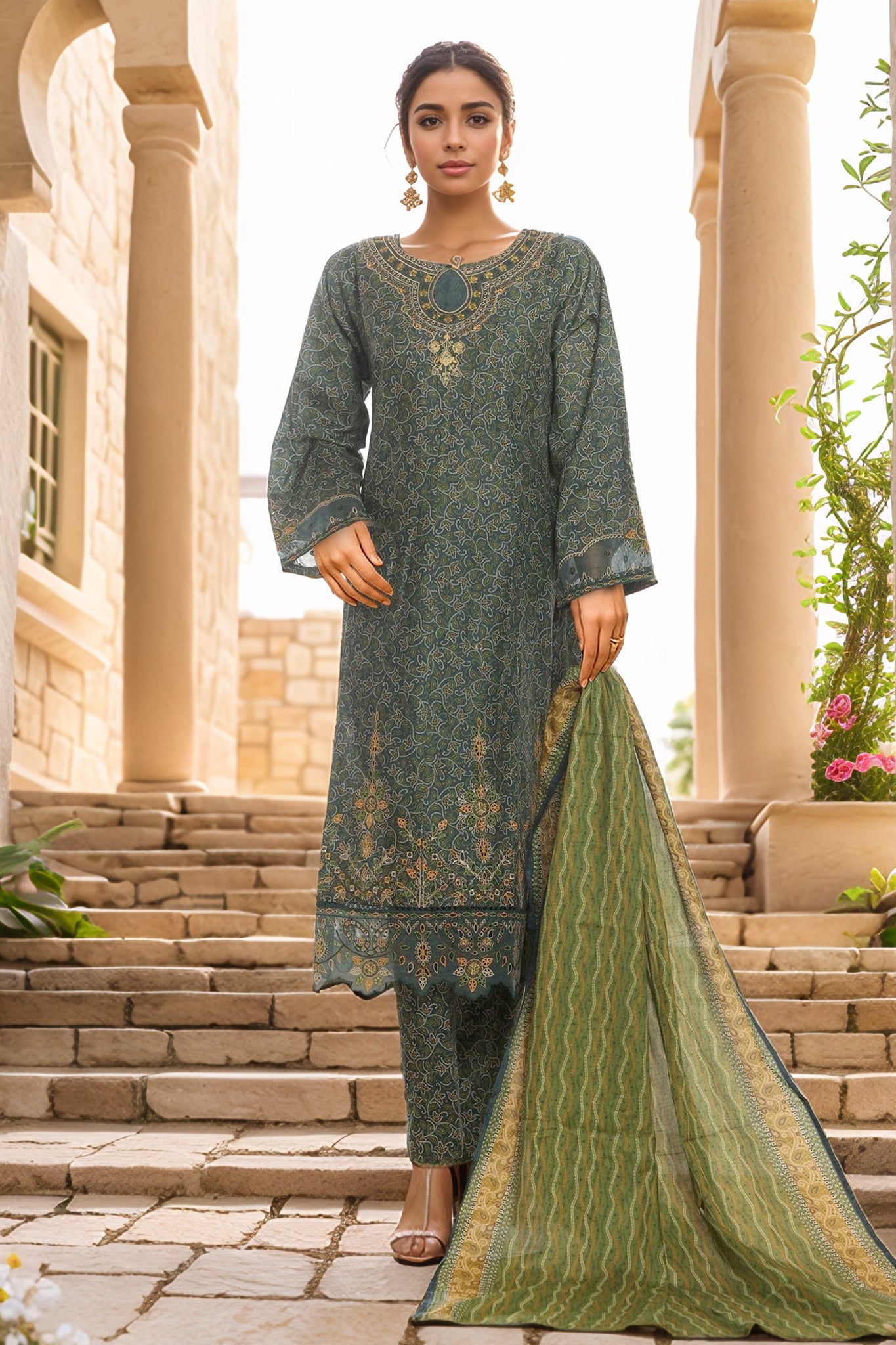 Bin Saeed Stitched 3 Piece Emb Lawn Frock Vol-02 Collection-SM-1629-Green