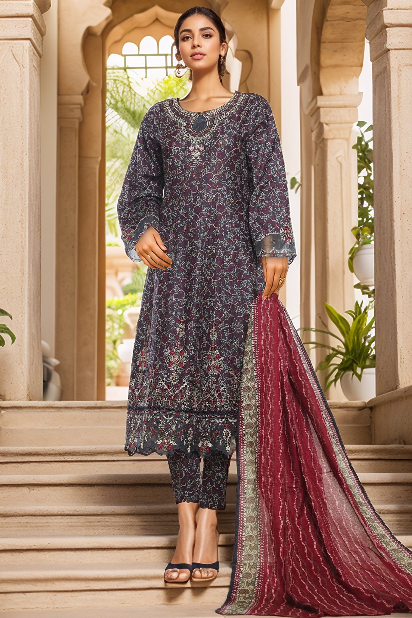 Bin Saeed Stitched 3 Piece Emb Lawn Frock Vol-02 Collection-SM-1630-Blue