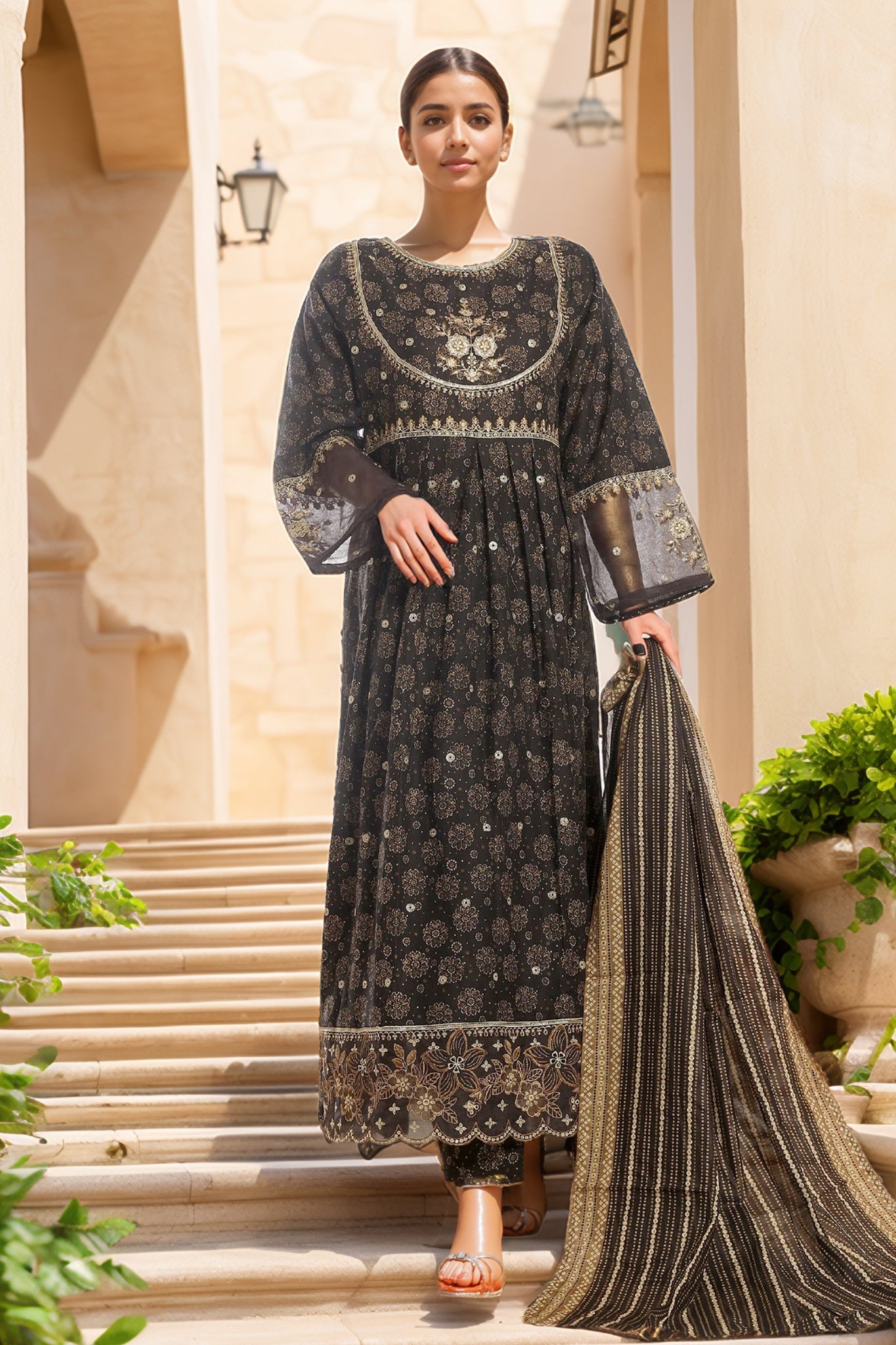 Bin Saeed Stitched 3 Piece Emb Lawn Frock Vol-02 Collection-SM-1631-Black