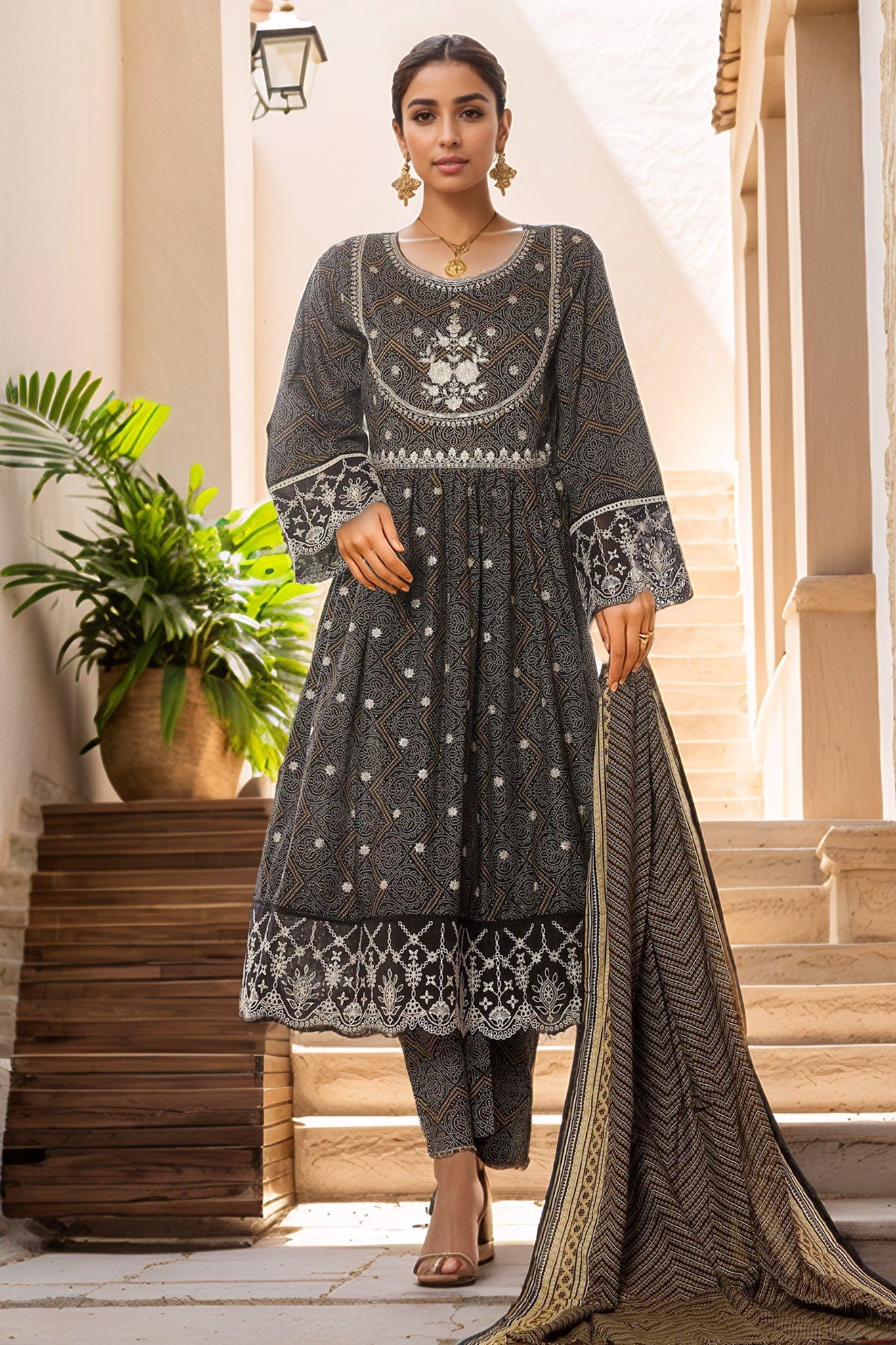 Bin Saeed Stitched 3 Piece Emb Lawn Frock Vol-02 Collection-SM-1632-Black