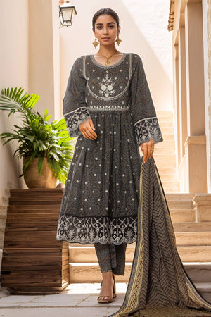 Bin Saeed Stitched 3 Piece Emb Lawn Frock Vol-02 Collection-SM-1632-Black