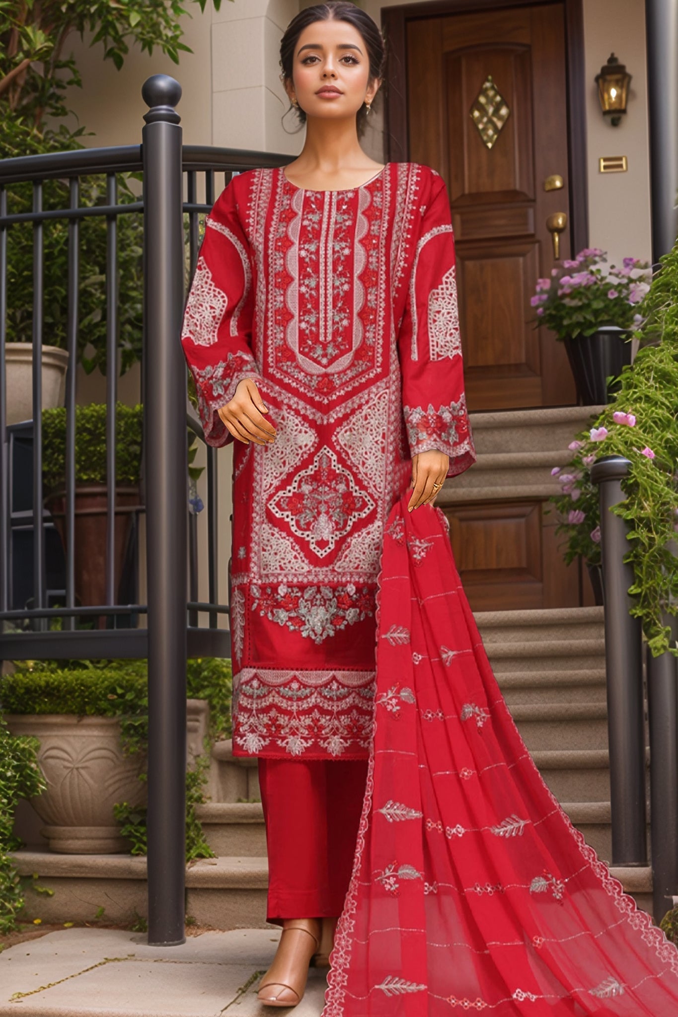 Bin Saeed Stitched 3 Piece Emb Luxury Plain Cotton Vol-02 Collection-LF-1668-Red