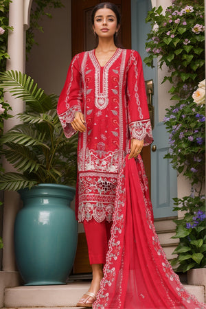 Bin Saeed Stitched 3 Piece Emb Luxury Plain Cotton Vol-02 Collection-LF-1667-Red