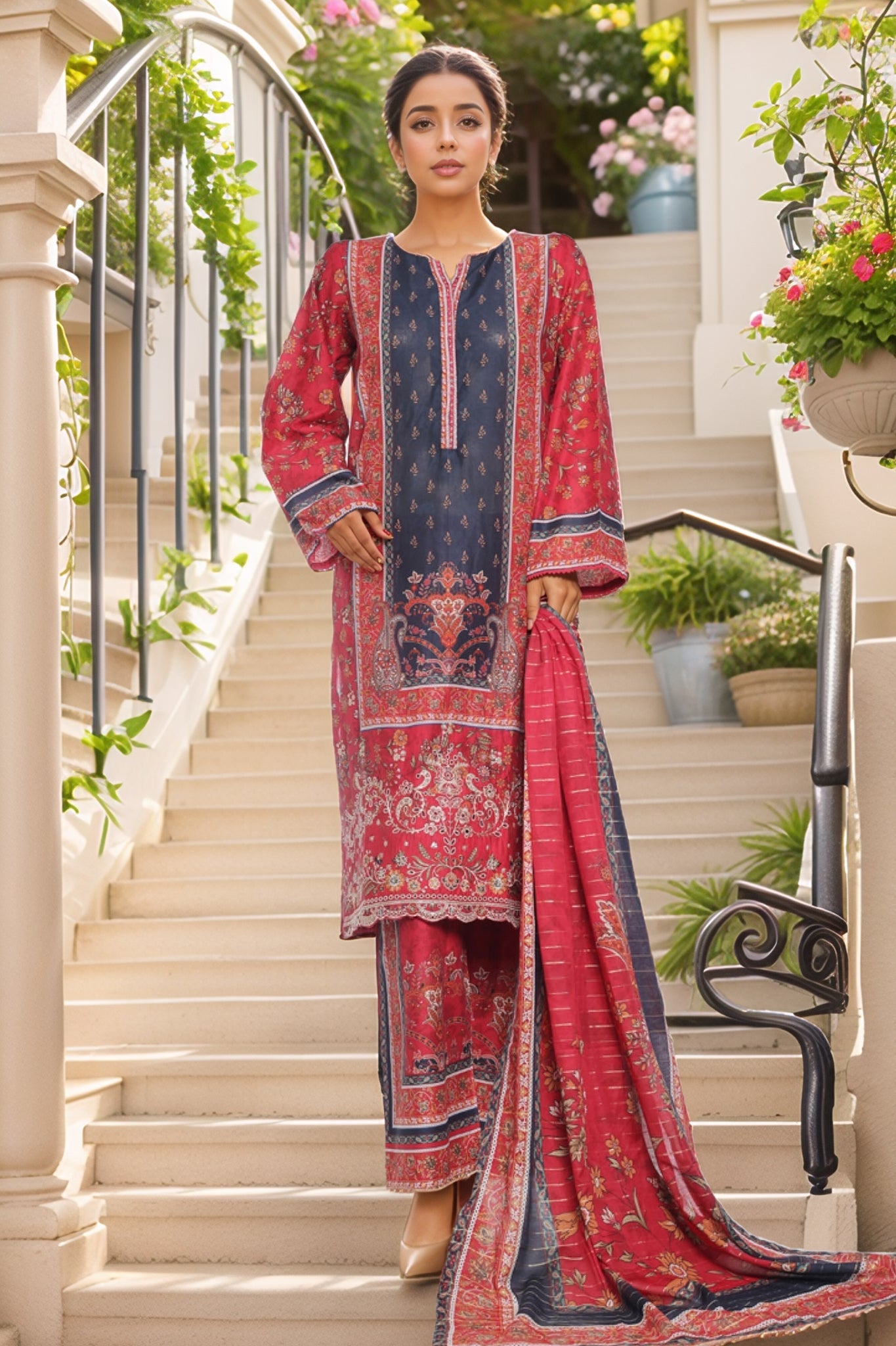 Bin Saeed Stitched 3 Piece Exc Chikankari Lawn Collection'2025-SM-2139-Red