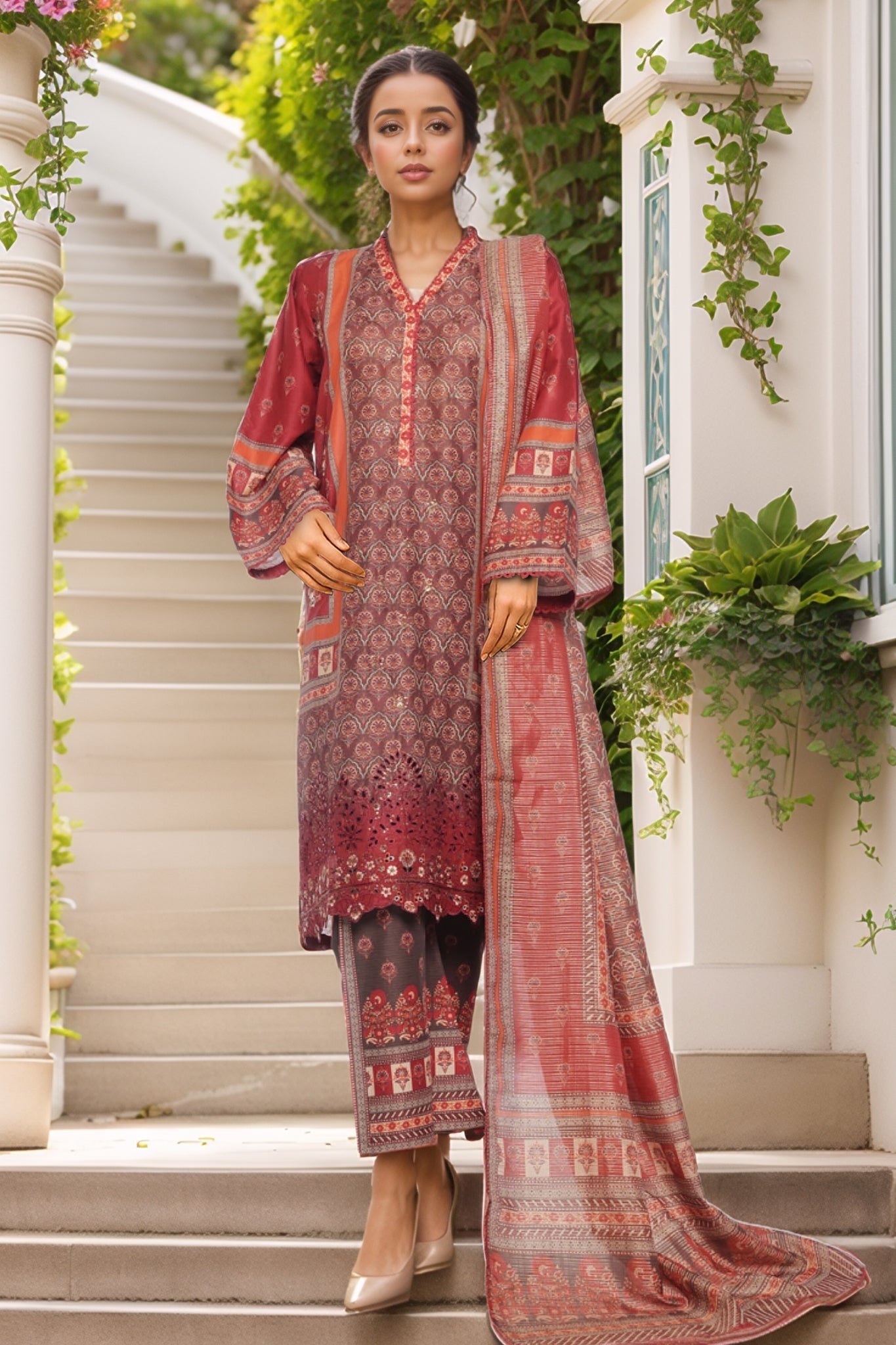 Bin Saeed Stitched 3 Piece Exc Chikankari Lawn Collection'2025-SM-2142-Rust