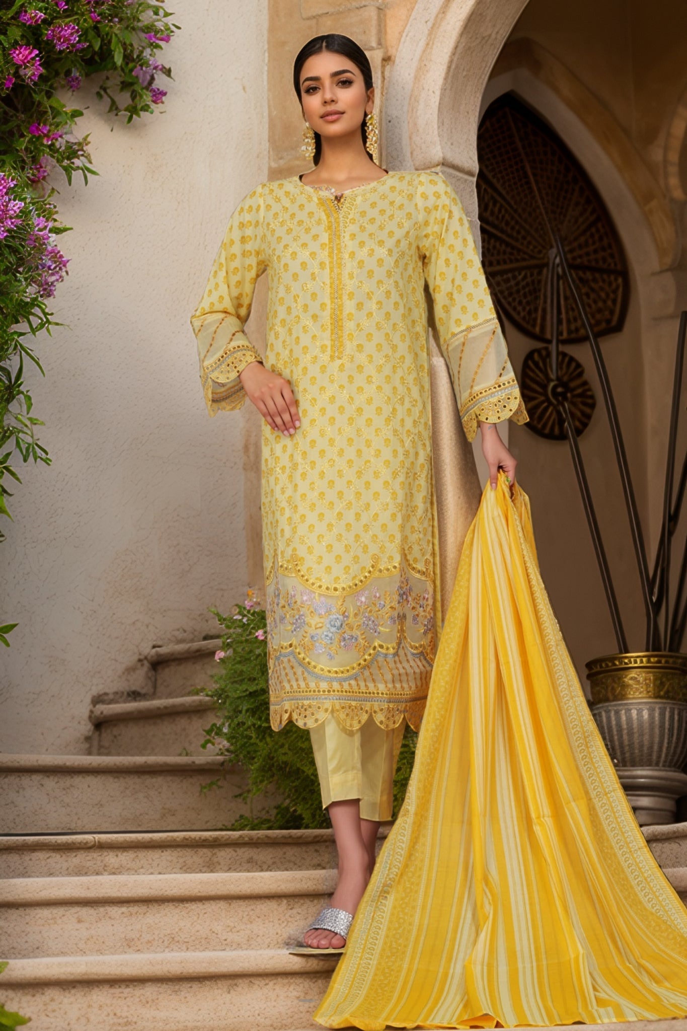 Bin Saeed Stitched 3 Piece Exc Emb Lawn Vol-02 Collection'2025-SM-2101-Yellow