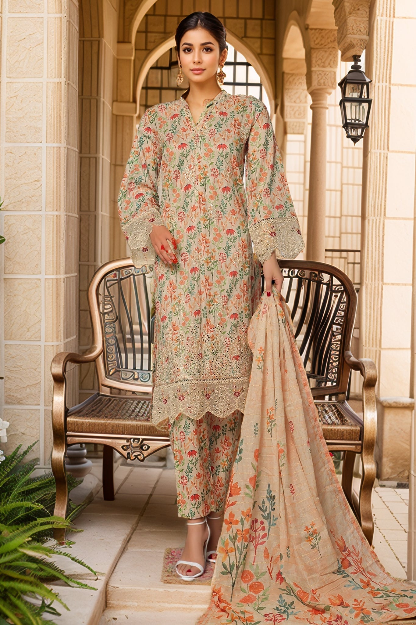 Bin Saeed Stitched 3 Piece Exc White and White Chikankari Collection'2025-SM-2008-Skin