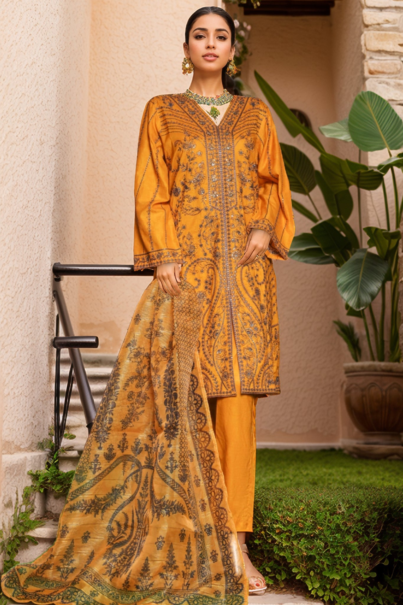 Bin Saeed Stitched 3 Piece Luxe Self & Self Collection'2025-NSM-2224-Mustard